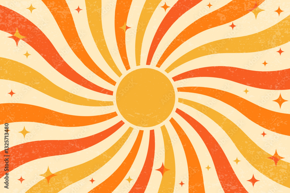 Poster retro sun background with pattern of groovy rays. sunburst abstract poster with wavy psychedelic des