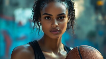 A confident female basketball player standing tall, gripping the ball with one hand, looking directly at the camera, illuminated by dramatic backlighting, strong shadows emphasizing muscle definition,