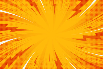 Comic book background with frame of swirl lightnings. Pop art cartoon radial rays. Abstract vector explosion effect backdrop with halftone manga graphic. Sunburst color wallpaper. © Chorna_L