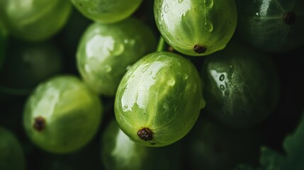 Fresh Ripe Green Gooseberries with Water Droplets Close-Up in Natural Light on Dark Background for Culinary and Health-Related Visuals