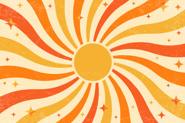 Retro sun background with pattern of groovy rays. Sunburst abstract poster with wavy psychedelic design. Vintage summer textured radial beams. Circular hypnotic vortex