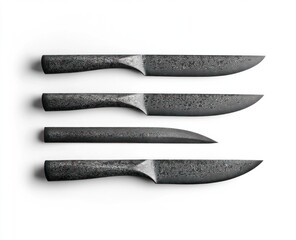 Four dark grey steak knives arranged in a row on white background.