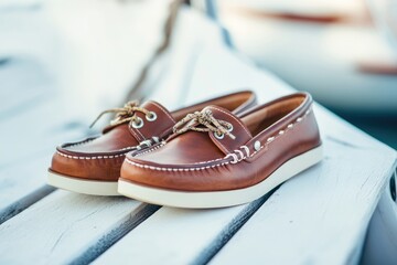 Stylish Brown Leather Boat Shoes for Men on White Wooden Deck - Perfect for Sailing and Casual Attire