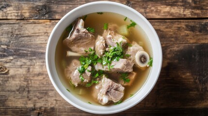 Delicious Bone Broth: Elevated View of Pork Bone Soup in a White Bowl Set on a Rustic Wooden Table
