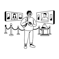 A man experience a vr museum, glyph illustration 

