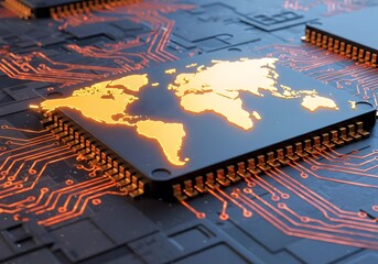 A global map on a microchip symbolizes the interconnectedness of global semiconductor trade. Generated Ai