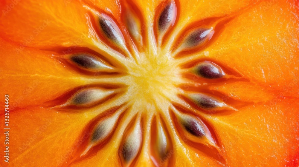 Aufkleber close-up view of a bright orange fruit slice with symmetrical seed patterns radiating from the cente