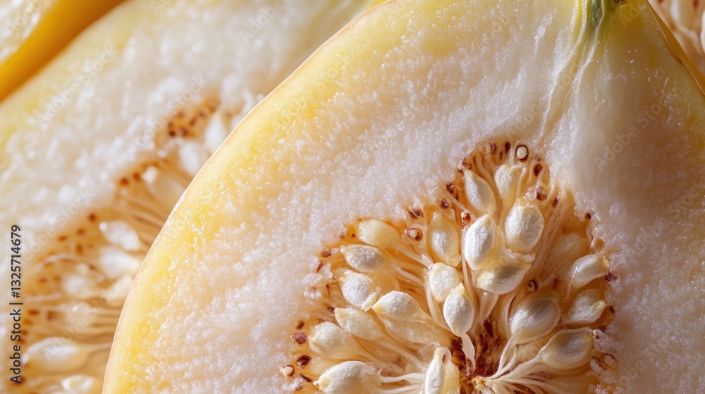 Poster close-up view of ripened yellow slice of summer squash with seeds and textured flesh on display
