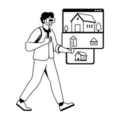 A glyph illustration of a character viewing vr property 

