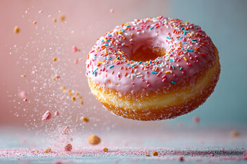A vibrant donut with icing and sprinkles, with sprinkles appearing to explode in the air