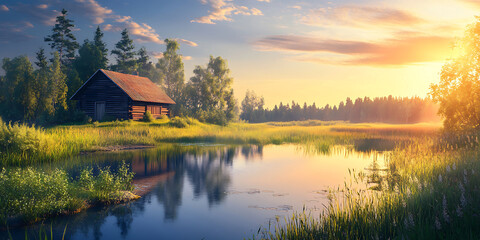 Fototapeta premium Rustic wooden cabin beside a tranquil pond reflects the vibrant orange glow of a summer sunrise above trees.