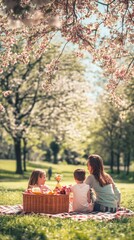 A Family Enjoying a Sunny Spring Picnic in a Vibrant Park
