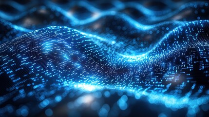 A mesmerizing close-up of a vibrant blue wave of light gracefully undulating against a deep black background, creating a striking contrast that highlights the wave's fluid motion and energy.