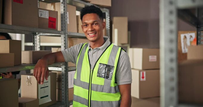 Face, logistics worker or happy man in warehouse for shipping, textile supply or ecommerce. Portrait, distribution and person with safety vest at shelf or procurement professional in fashion business