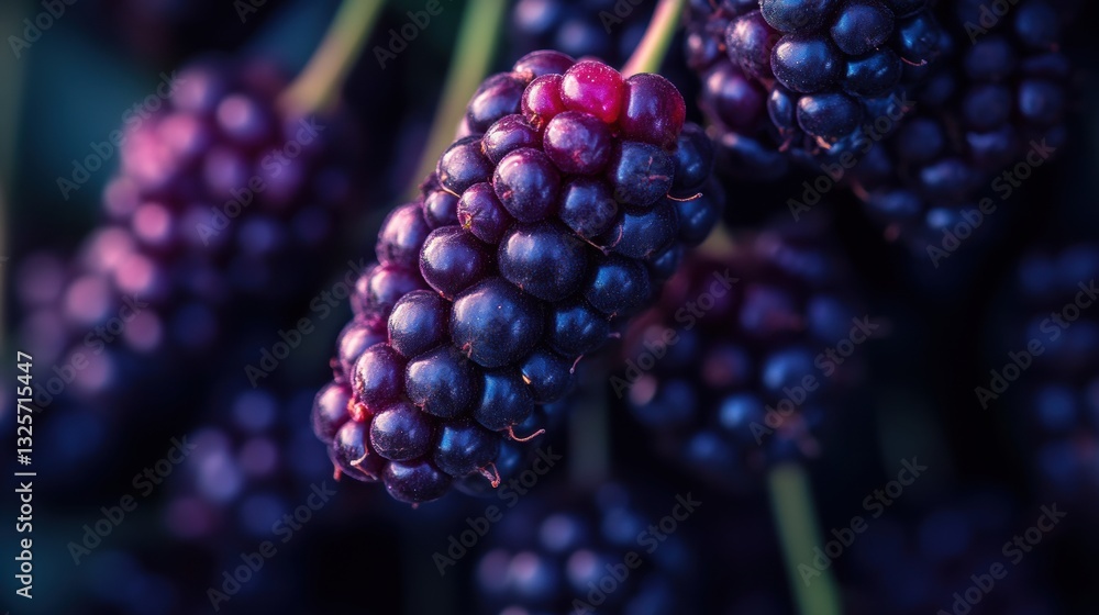 Poster close-up view of fresh blackberries with rich color and texture on a branch in natural light