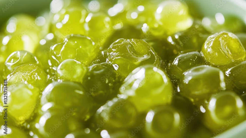 Poster close-up view of glossy green gel balls in soft light with reflections and slight transparency on a 