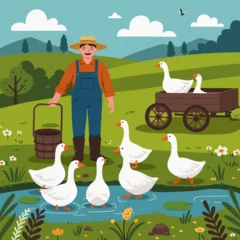  Farmer with Geese Near Pond and Wagon in a Serene Rural Scene © dewa