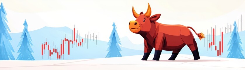 Fototapeta premium Economic Impact Cartoon Concept Featuring Bull in Winter Landscape with Oil Well Graphics
