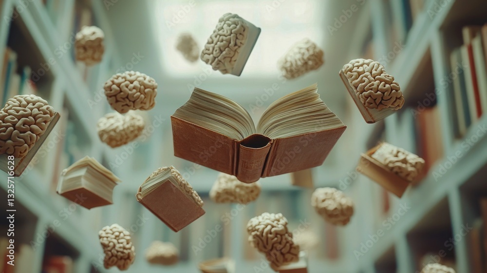 Poster an open book surrounded by floating brains in a library scene