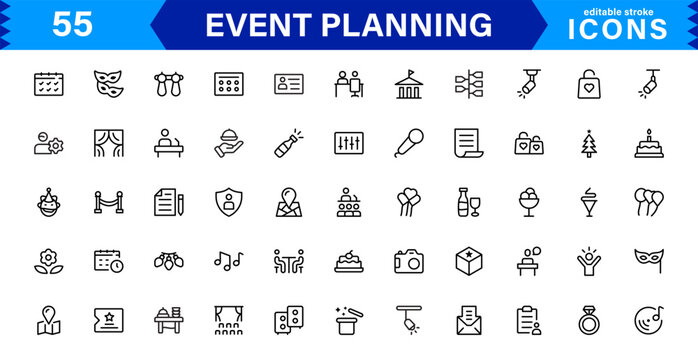 Event Planning Icon Set. High-Quality Icons for Event Organization, Management, Scheduling, and Party Planning Solutions