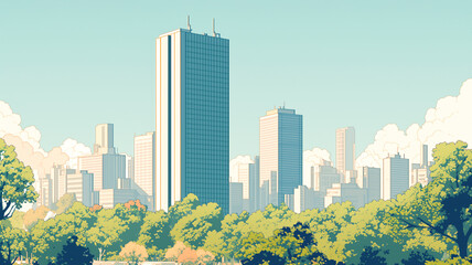 Obraz premium ガラスの高層ビルと青空が広がる都会の風景｜未来的な都市のスカイライン｜緑豊かな公園とモダンな建築の融合｜日差しが差し込む都会のオープンスペース｜穏やかな雰囲気の都市景観｜涼しげな透明感のある建築｜都市デザインの美しさを感じる風景｜開放的な空間と近代的な都市計画