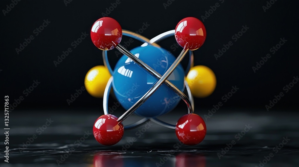 Poster a detailed visual representation of an atom in a dark setting