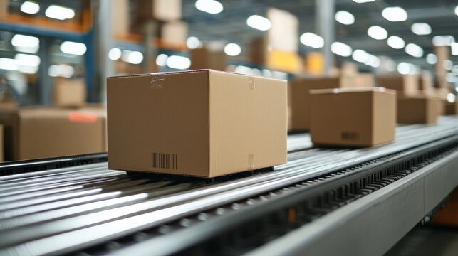 Cardboard boxes moving along a conveyor belt in a warehouse