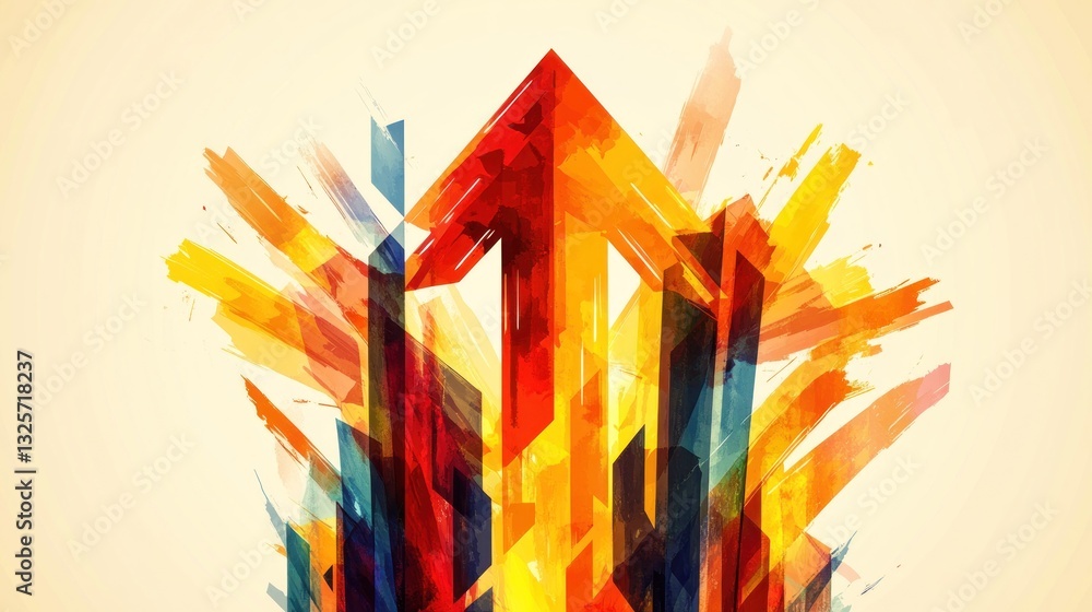 Poster colorful abstract arrow pointing upwards with brushstroke background elements