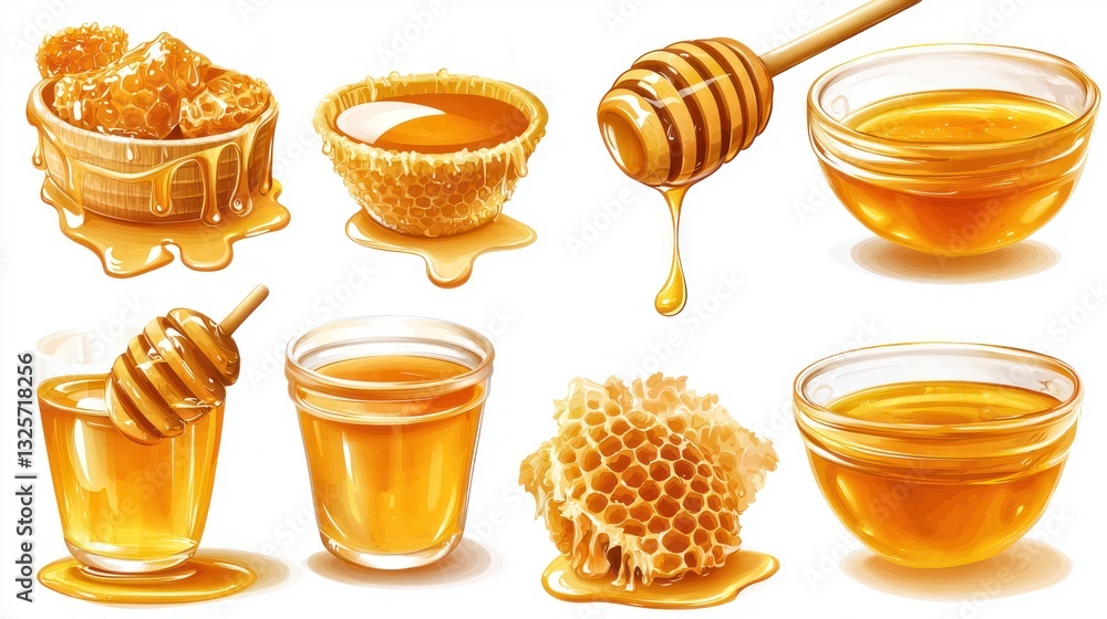 Poster various illustrations of honey in multiple containers with combs