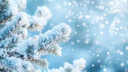 Snow Covered Pine Branch with Bokeh Lights Creates a Winter Mood