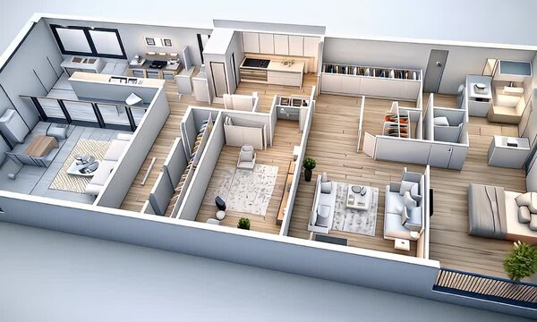 Home floor plan of modern apartment, top view showcasing rooms & layout, against a neutral background