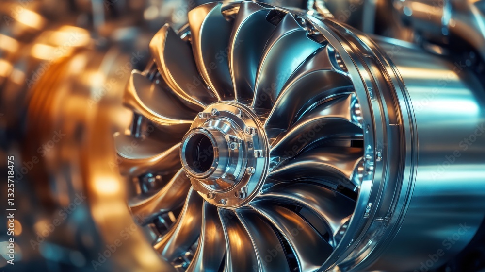 Poster close-up of a precision engine turbine component showcasing meticulous design and high-quality metal