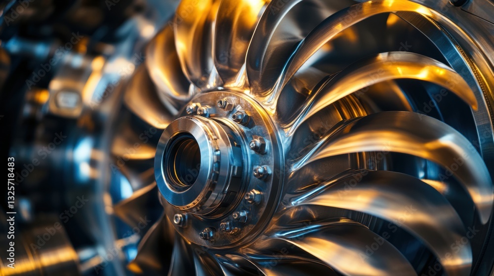 Poster close-up of a turbine engine fan blade with intricate design and shiny metallic finish highlighting 