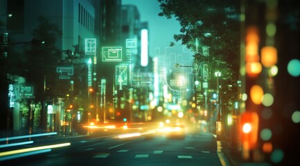 Obraz premium Futuristic city street at night with glowing signs and blurred traffic.