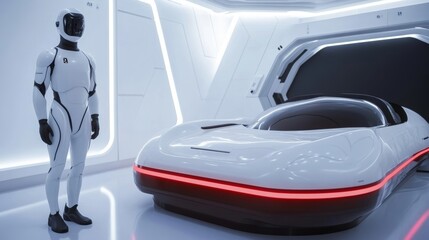 Futuristic robot stands next to sleek white vehicle in bright, modern room