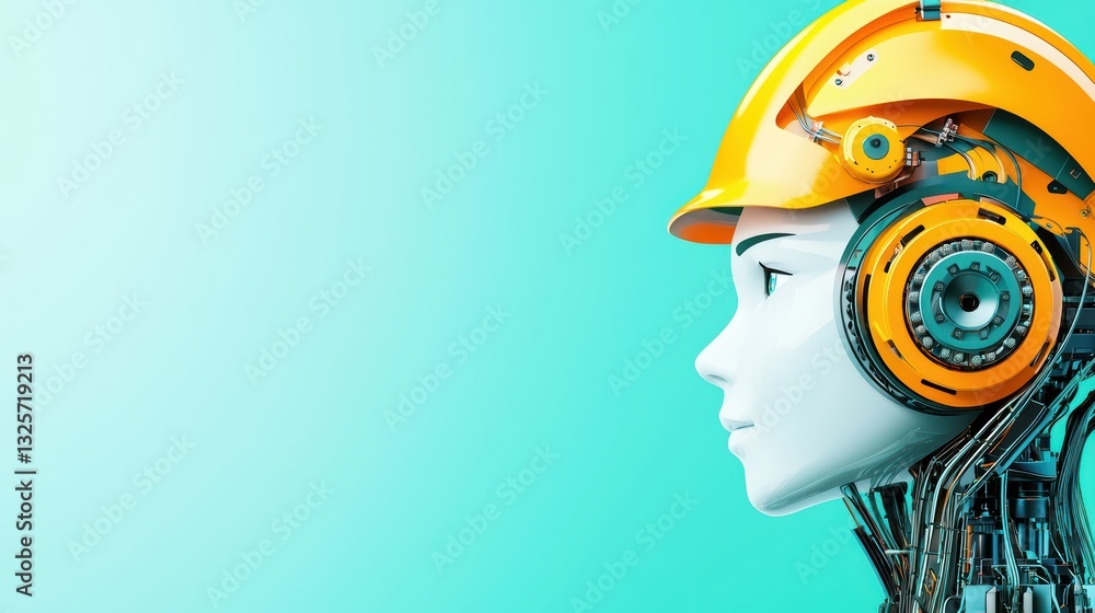 Poster futuristic robotic worker concept with helmet and advanced technology in a modern setting