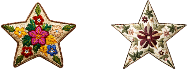 Handcrafted floral embroidered star ornaments artisan workshop decorative crafts cozy environment close-up view craftsmanship appreciation