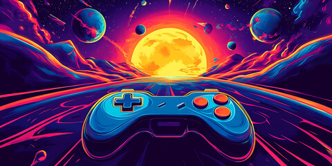 Obraz premium A vibrant video game controller sits ready for action against an intense neon cosmic landscape backdrop for advertising.