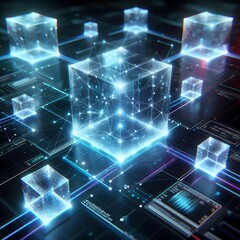 Ultra minimalist futuristic realms virtual 3D high tech cyberpunk blockchain with floating transparent data block interconnected