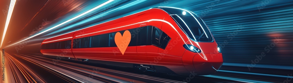 Poster futuristic train concept in hyperloop style with dynamic motion and heart symbol