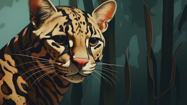 close-up painting of an exotic ocelot in the jungle