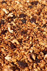Golden Brown Homemade Granola with Nuts, Seeds and Raisins. Breakfast Food.	