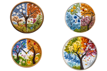 Seasonal clock art featuring nature-inspired designs colorful trees home decor artistic environment vibrant viewpoint