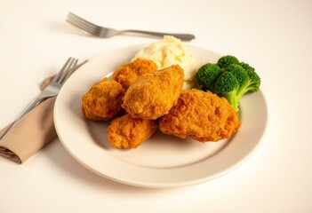 Crispy fried chicken, mashed potatoes, steamed broccoli, plate, utensils, napkin, warm lighting, golden brown, juicy interior