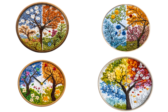 Seasonal clock art featuring nature-inspired designs colorful trees home decor artistic environment vibrant viewpoint