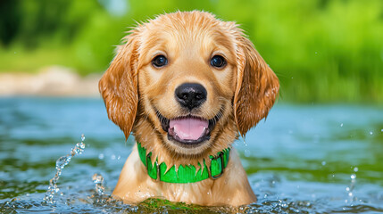 Golden retriever in water wearing a green collar with splashes. Outdoor and playful pet concept