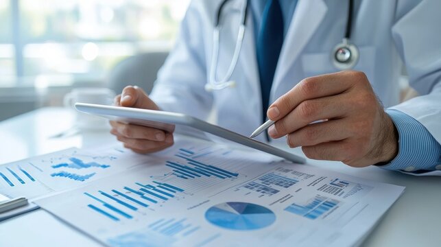 A medical professional studies charts and information on a tablet