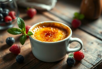 Photorealistic CrÃ¨me BrÃ»lÃ©e with caramelized sugar crust and fresh berries