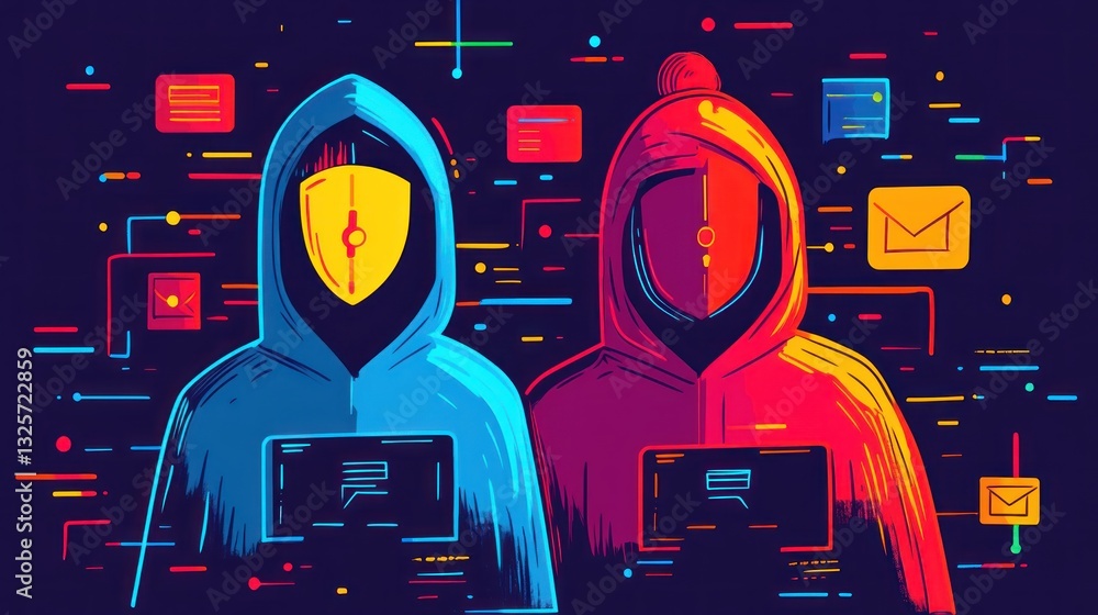 Poster two hooded figures with computer displays and digital communication lines