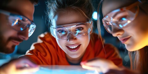 Three individuals wearing safety goggles are focused on a device, smiling, indicating collaboration and engagement in a scientific or technological activity.